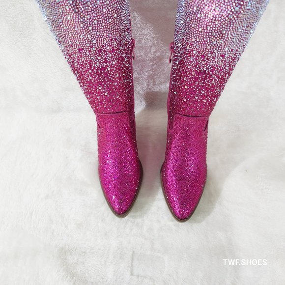 Wild Ones Fuchsia Ombre Rhinestone Western Cowgirl Knee Boots Hot Pink - Picture 11 of 17